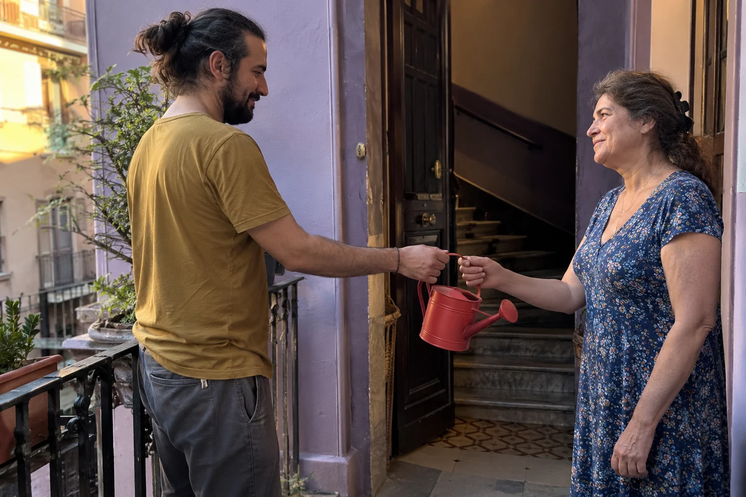 Un vecino devuelve una regadera roja a una vecina en el rellano de un edificio.
