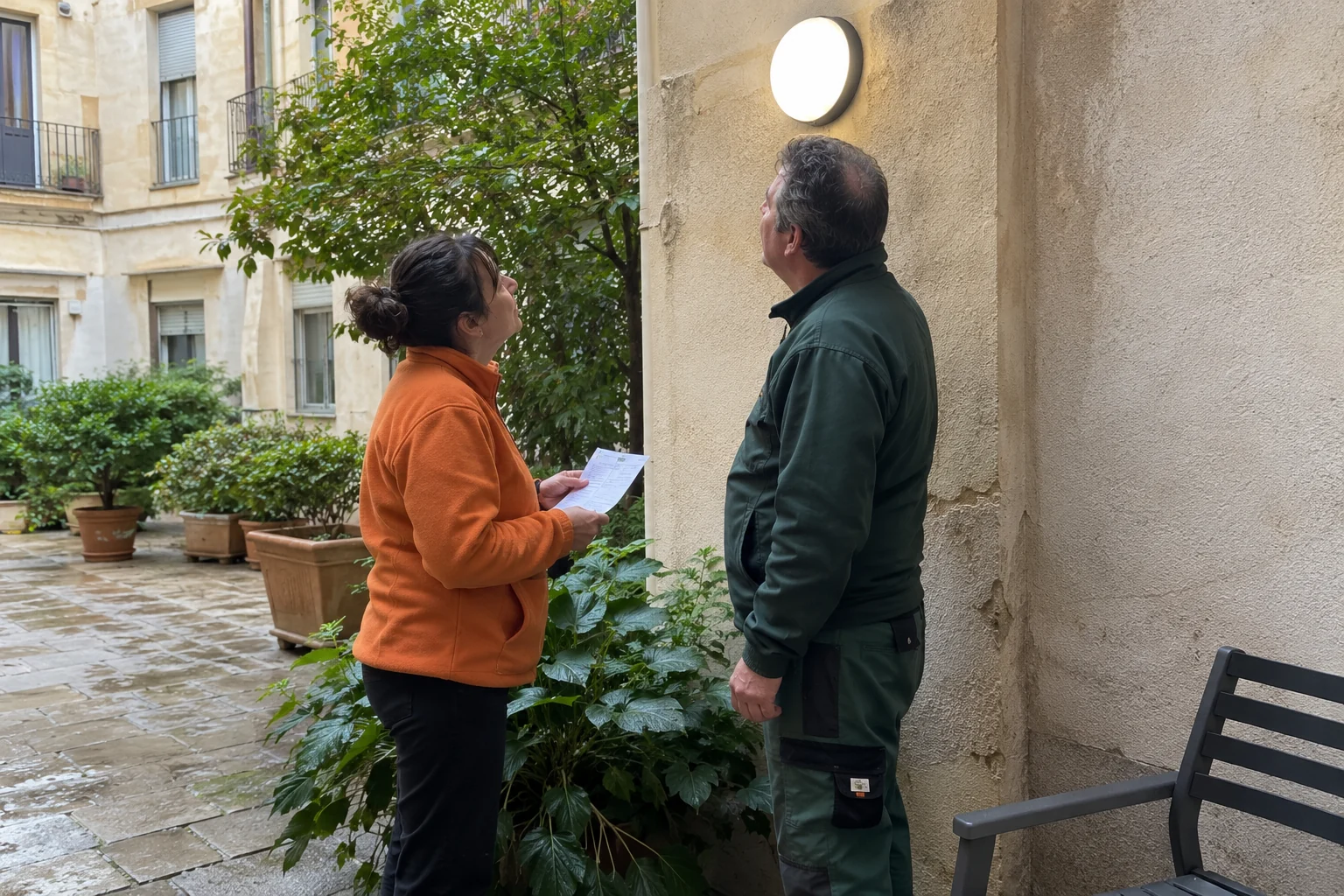 Responsables verifican el resultado de una tarea en el patio común.