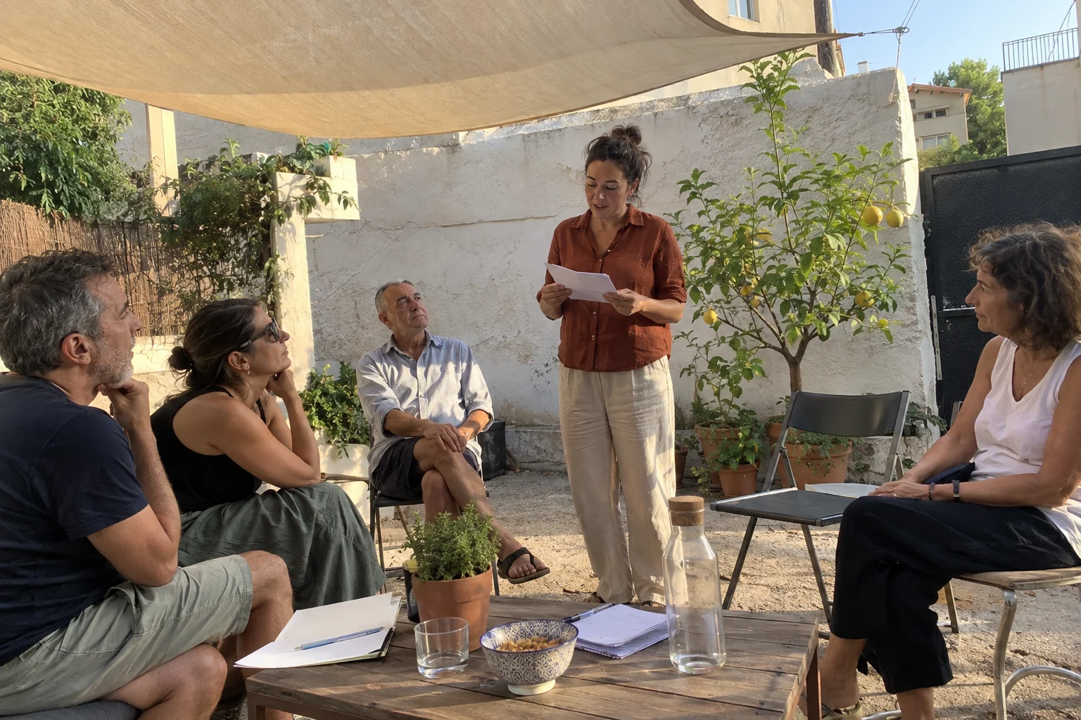 Reunión vecinal en un patio para acordar la puesta en marcha.