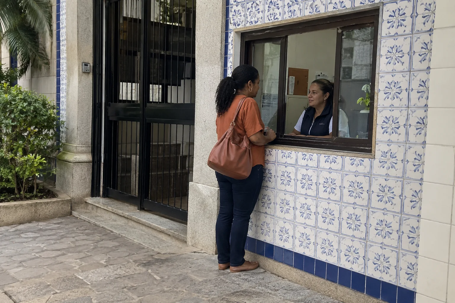 Una visitante recibe una explicación discreta junto al acceso.
