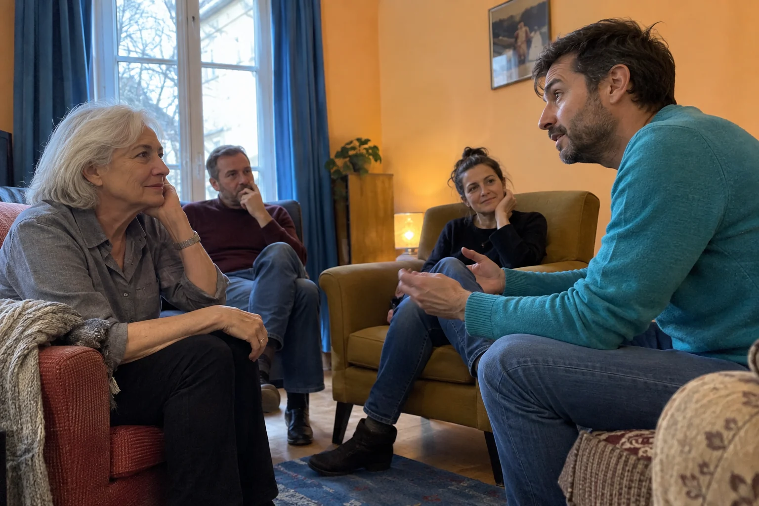 Cuatro vecinos conversan sentados en sillones distintos de una sala comunitaria.