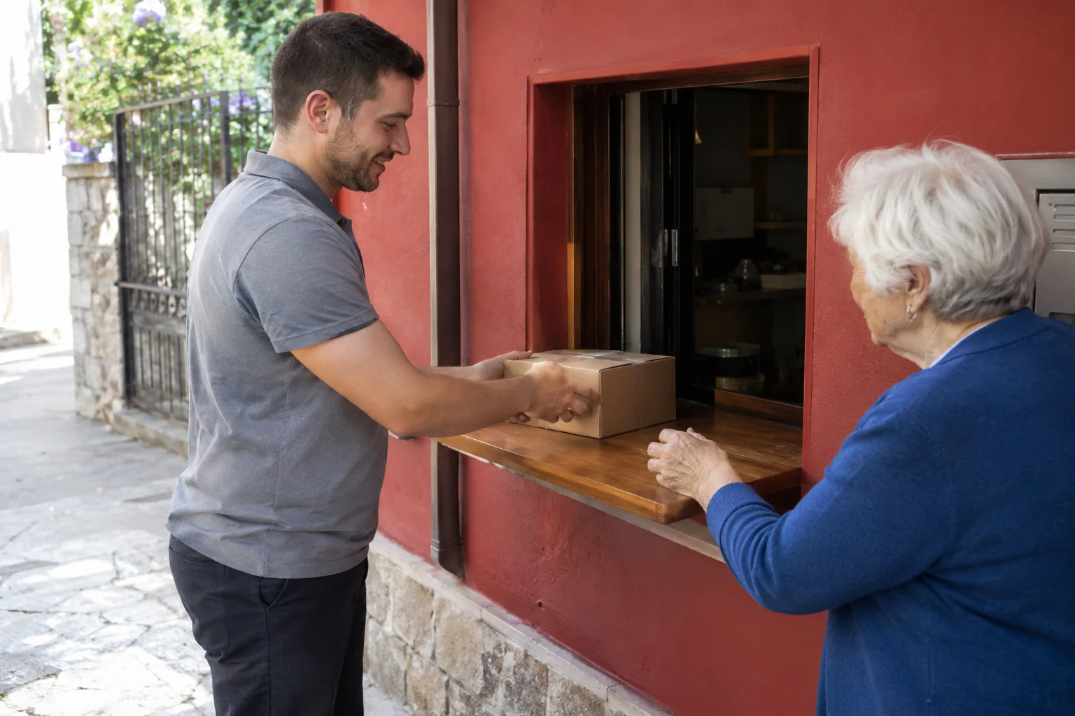 Una residente recibe una caja en el punto de retiro.