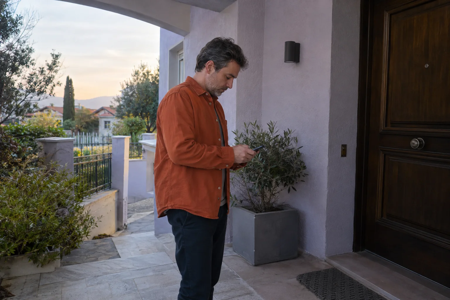 Un residente revisa una autorización junto a la entrada de su hogar.