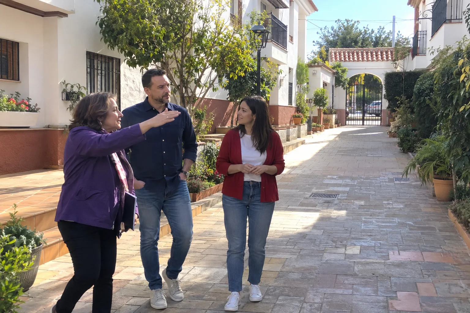 Tres adultos revisan un recorrido despejado durante una visita de preparación.
