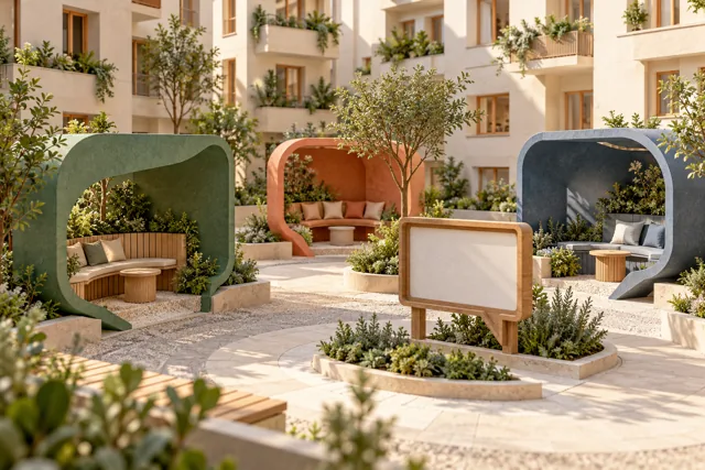 Patio residencial con espacios de conversación separados y un tablón de avisos.