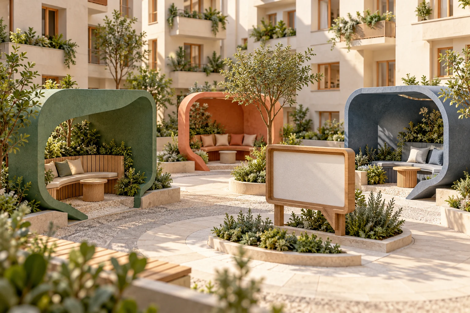 Patio residencial con espacios de conversación separados y un tablón de avisos.