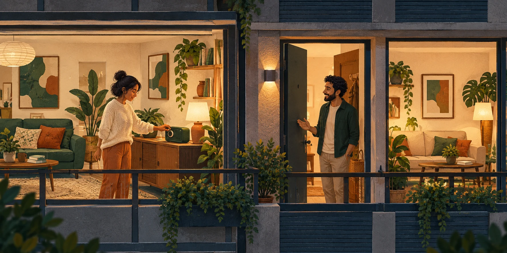 Dos vecinos hablan con calma junto a una vivienda iluminada por la noche.