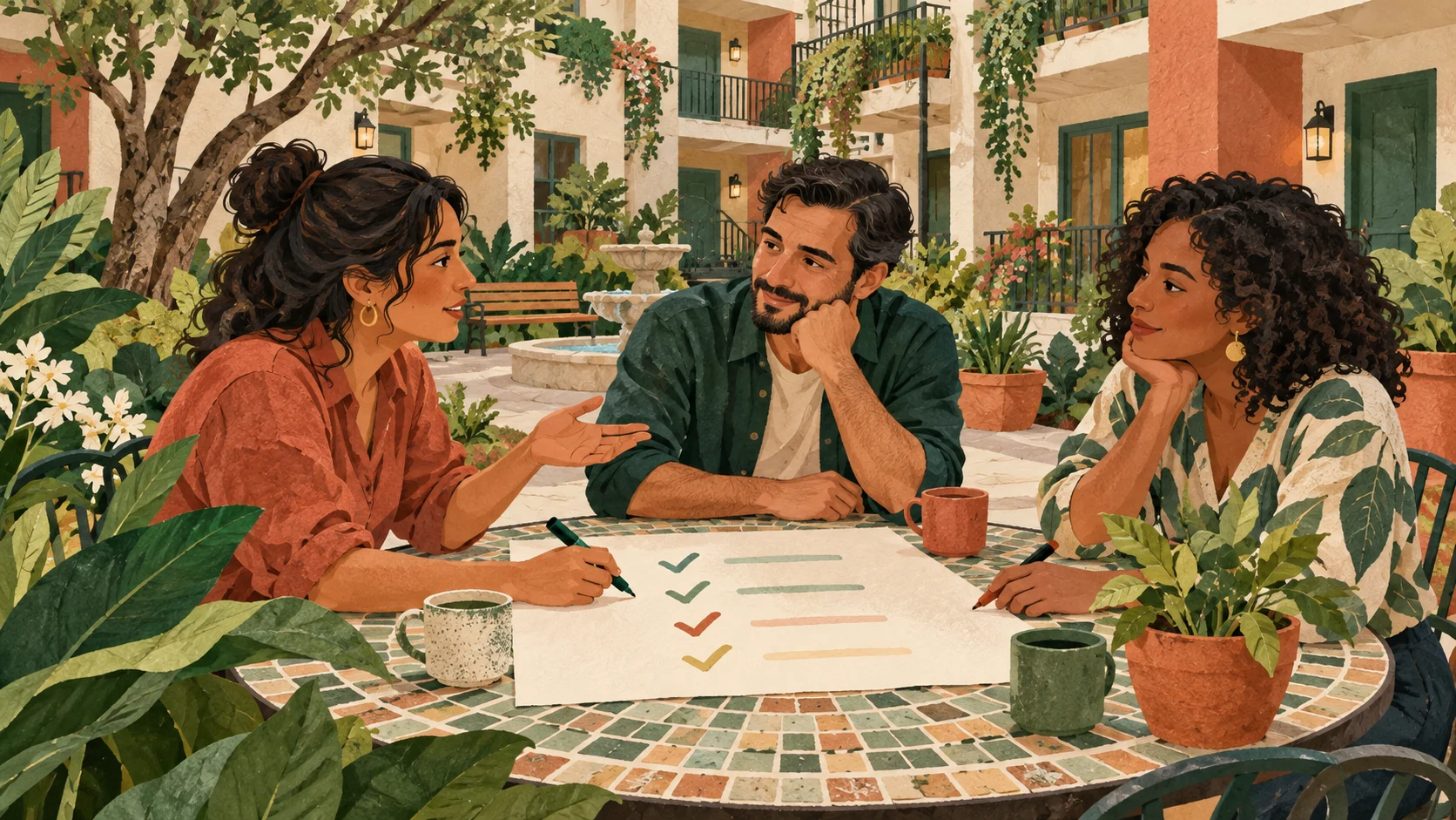 Tres vecinos revisan un acuerdo de convivencia alrededor de una mesa.