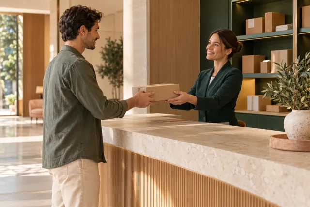 Una recepcionista entrega una caja a un residente, con paquetes organizados detrás. Escena editorial generada.