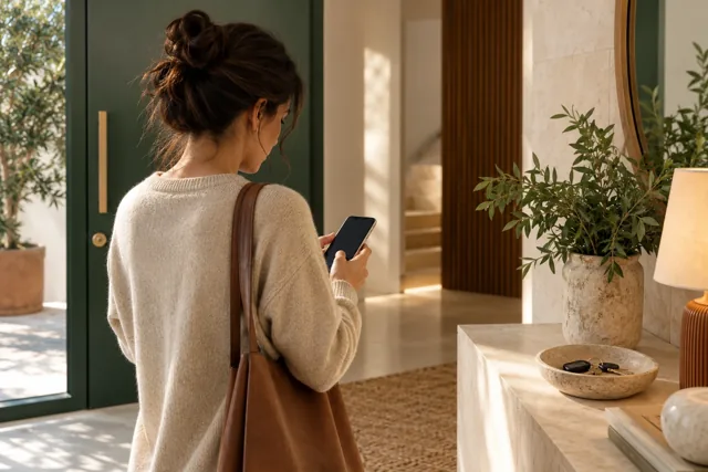 Una residente consulta su teléfono junto a la entrada de su hogar. Escena editorial generada.