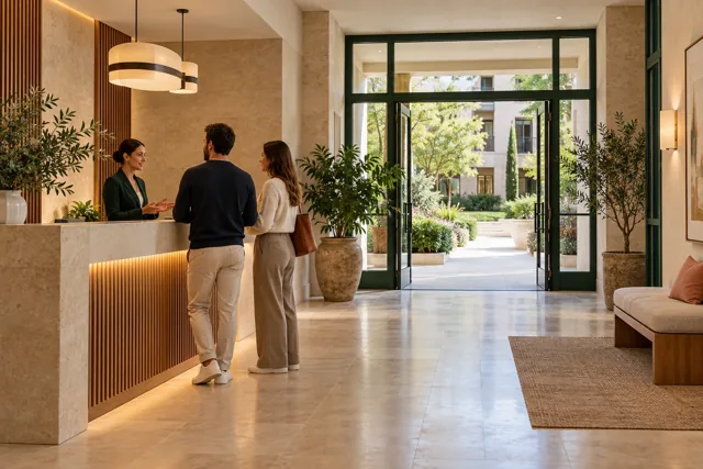 Un equipo de recepción conversa en un vestíbulo con un recorrido despejado hacia el patio. Escena editorial generada.