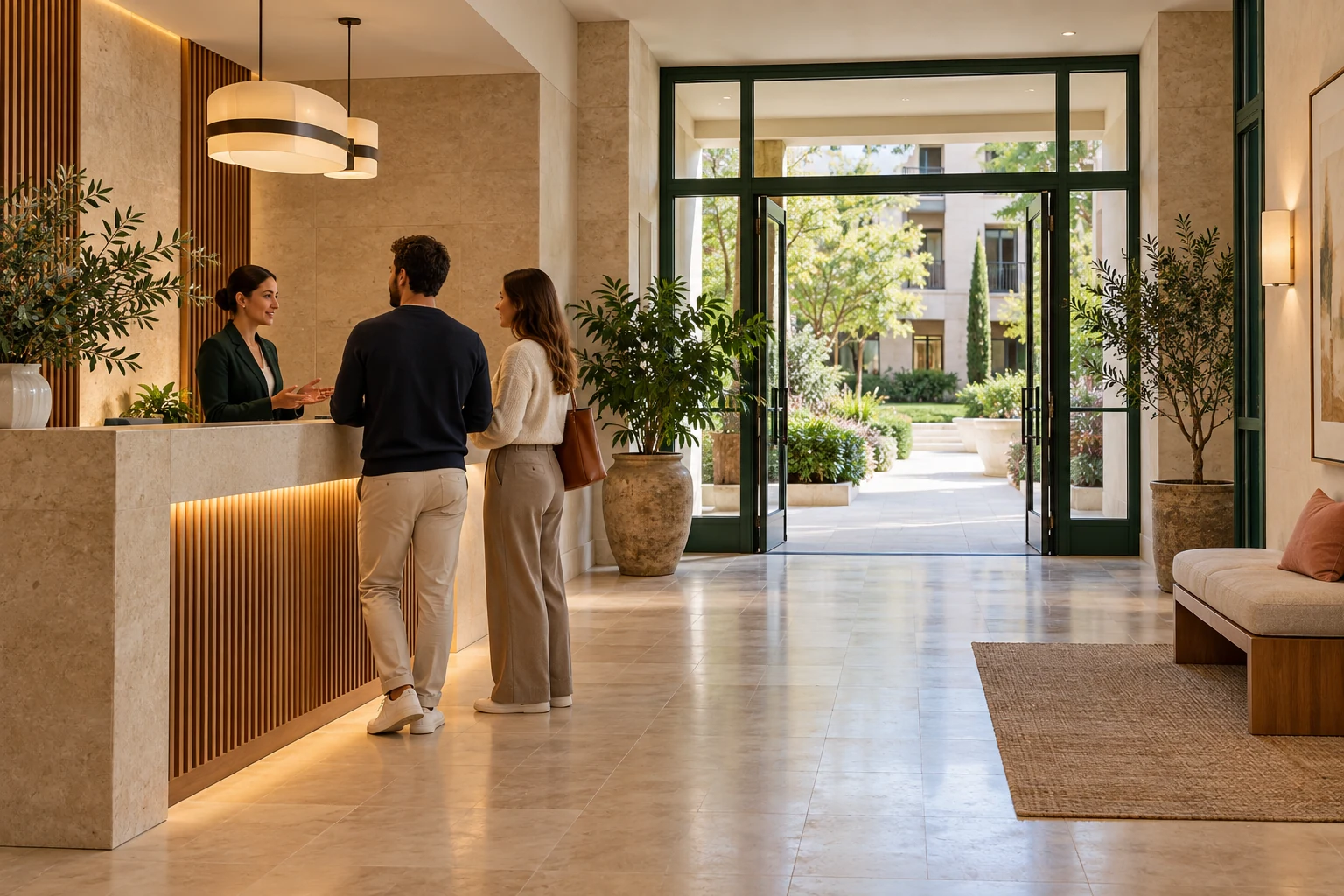 Un equipo de recepción conversa en un vestíbulo con un recorrido despejado hacia el patio. Escena editorial generada.